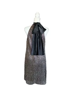 Laundry by Shelli Segal Metalli Gold Shimmer & Black Satin Bow Halter Mini DSz 6 thumbnail 6