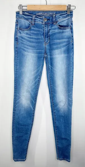 American Eagle Super Stretch X Hi-Rise Blue Denim Jeggings‎ Women's Size 0 Long thumbnail 1