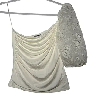 HEARTLOOM Ivory Ruched One‎ Shoulder Broderie Anglaise Sleeve Top Size S thumbnail 1
