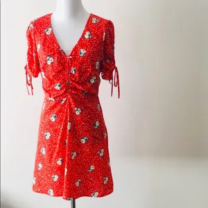 Red Floral Mini Dress Ruched Tie Front Lined Back Zip thumbnail 4