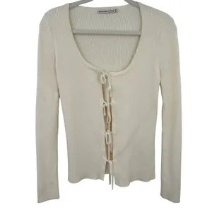 Abercrombie & Fitch Womens Cream Ribbed Tie‎ Front Stretch Cardigan Sweater Sz M thumbnail 2