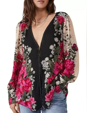 Free People Black and Pink Floral Blouse thumbnail 1