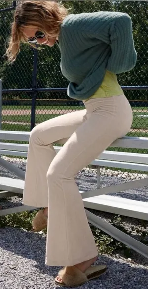 Aerie Groove-On Rib Velour Flare Pants‎ in Soft Oat thumbnail 1
