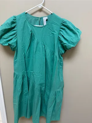 Puff-Sleeve Casual Dress in Teal Green thumbnail 1