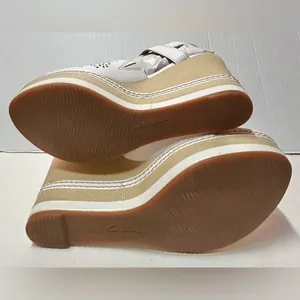 Clarks Collection Zia Graze White Leather and Tan Platform Wedge Sandals Size 6M thumbnail 8