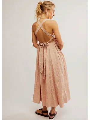 Free People Bohemian Beachy Seersucker Poppy Midi Dress Sundress Blush Large thumbnail 4