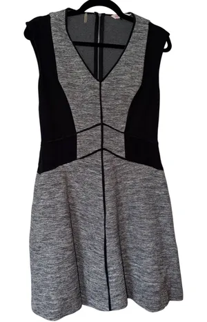 Rebecca Taylor Grey Black Colorblock Fit Flare Dress Cap Sleeve V-Neck Zip Back thumbnail 1