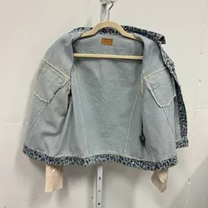 POL Leopard Print Denim Jacket Cable Knit Sleeves Blue Cream Small Oversized thumbnail 3