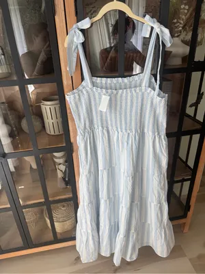 NWT J. Crew smocked midi dress tie shoulder bows striped pockets coastal cotton thumbnail 3