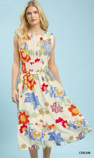 Umgee‎ Floral Smocked Midi Dress - Cream - Medium thumbnail 1