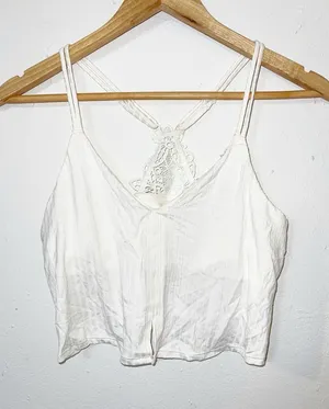 Aerie women’s White Lace-Back floral Cropped built in bra double strap Cami thumbnail 1