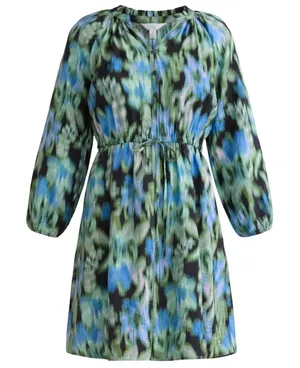 Time and Tru Womens Mini Dress Sz M Floral Ikat Black Ruffle Neck Boho Vacation thumbnail 1