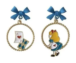 Alice in Wonderland‎ Asymmetric Enamel Hoop Earrings Blue Bow Ace of Hearts thumbnail 1