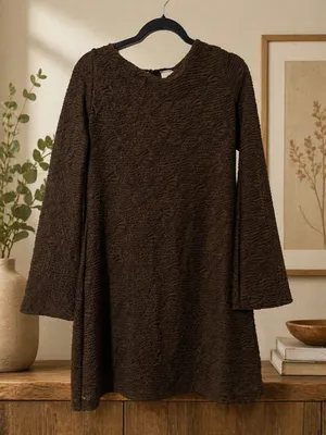 SheIn Brown Textured Long-Sleeve A-Line Dress thumbnail 1