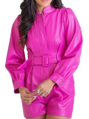 Karlie Faux Leather Long Sleeve Barbie Pink Belt Detail Romper thumbnail 1