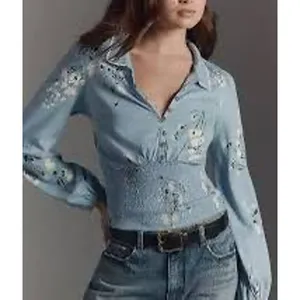 Maeve | Anthropologie light blue floral smocked long sleeve blouse top WOMENS M thumbnail 7