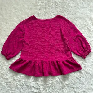 Anthropologie Maeve Blouse Mikayla Peplum Top Textured 3/4 Sleeves Pink M thumbnail 4