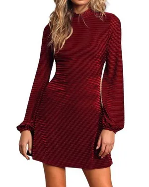 Lulus Ticket to Chic striped velvet balloon sleeve dress thumbnail 1