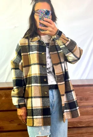 Flannel Shacket size SMALL. Tan thumbnail 1