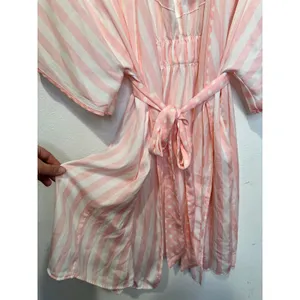 Betsey Johnson Pink White MRS Bridal Striped Kimono Robe Embroidered sz Medium thumbnail 5