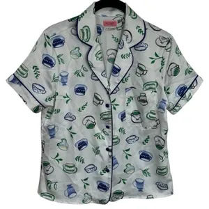 Kate Spade Blue Green Novelty Coffee Print Satin Pajama‎ Top Cozy Feminine XS thumbnail 2