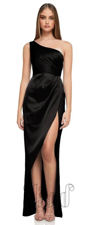 NWT Nookie Sz L Virtue Black One Shoulder Thigh High Slit Evening Cocktail Gown thumbnail 1