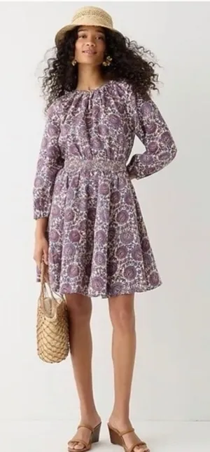 J. Crew Paisley Linen Smocked Waist Dress Blue Burgundy BP857 Womens Medium‎ thumbnail 1