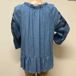 Crown & Ivy light denim embroidered top with drawstring collar, size L thumbnail 6