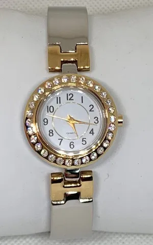 Women’s silver gold tone watch rhinestones 26mm quartz analog white dial running thumbnail 1