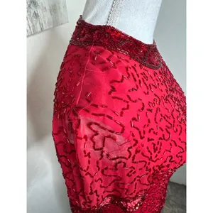 Vintage 80s AJ Bari Beaded Silk Cocktail Dress Red Sheath Petite 6 Holiday Prom thumbnail 4