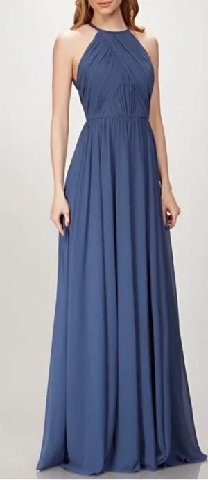 THEIA Allison Backless High Neck Bridesmaid‎ Dress in Denim Slate Blue Sz 10 thumbnail 1