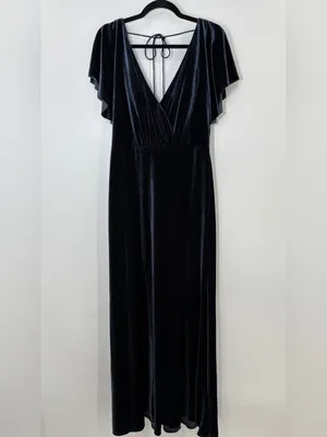 BHLDN Anthropologie Jenny Yoo Ellis Flutter Sleeve Blue Velvet Maxi Gown Dress thumbnail 4