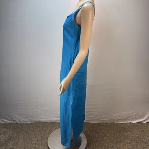 Hilo Turquoise Linen Slip Dress Maxi Sundress‎ Size M Side Slit V-Neck Pockets thumbnail 3