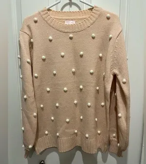 Pink Lily Adorable Light Pink Lightweight Pom Sweater Sz L EUC thumbnail 1