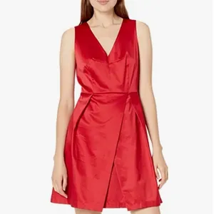 PARIS SUNDAY Red Sateen V Neck Dress Sleeveless Fit Flare Women’s Sz L Cocktail thumbnail 2