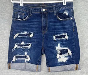 Judy Blue Distressed Denim Shorts Dark Wash Cuffed Bermuda XL thumbnail 1