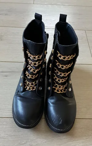 Kurt Geiger London‎ Mini Bax Black Leather Chain Combat Boots Gold Crystal 36 5M thumbnail 1