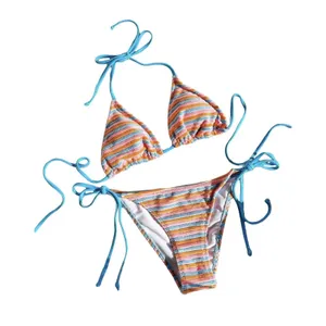 Women's Striped High Waisted Halter Triangle Bikini Swimsuit XS thumbnail 5