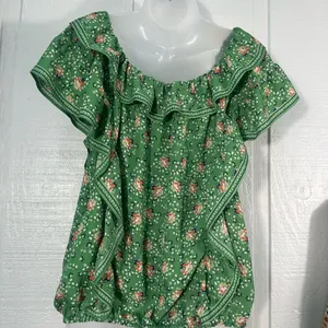 Max Studio Top Green Floral Women's Elastic Shoulder Top Size Large EUC thumbnail 5