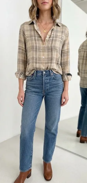 Classic Tan Beige Plaid Long Sleeve Button Down Shirt Blouse Casual Fall Size XL thumbnail 1