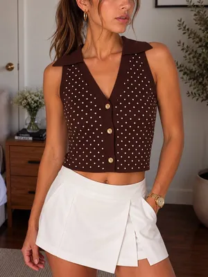 Urban Revivo Retro Polka Dot Knit Vest Brown Crop Top NWT Size M thumbnail 12