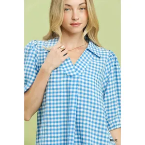 Umgee Gingham Puff Sleeve Collared Blouse - Blue -‎ Small thumbnail 4