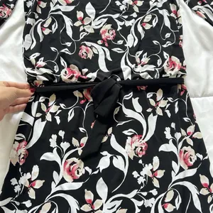 White House Black Market Womens Small Tie Dress Floral Long‎ Sleeve Black Pink thumbnail 2
