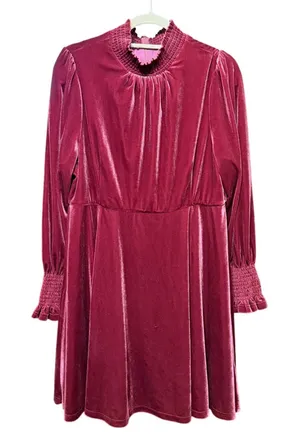 Baltic Born Plum Velvet Smocked High Neck Mini Dress Long Sleeve Womens XL thumbnail 1