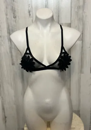 BWB Black Strappy Bralette Small Floral Applique Sheer Mesh Harness Top Festival thumbnail 1