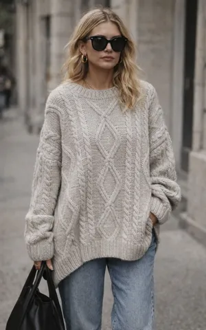 White Fox Oversized Cable Knit Sweater Gray/Cream Slouchy Cozy Fit Size S/M thumbnail 1