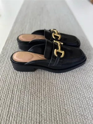 Time and Tru Black Slip-On Square Toe Loafer Mules Chunky Gold Buckles Sz 9 thumbnail 2