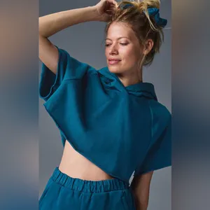 ALO Yoga NWT In The Air Short Sleeve Cropped Hoodie Eclipse Blue Size M thumbnail 5