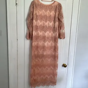 Peach Pink Beaded Sequin‎ High Low Formal Dress Long Sleeve Pearl Detail Gown thumbnail 2