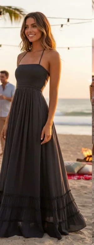 HYFVE Black Halter Smocked Maxi Dress with Tiered Ruffle Hem L thumbnail 1
